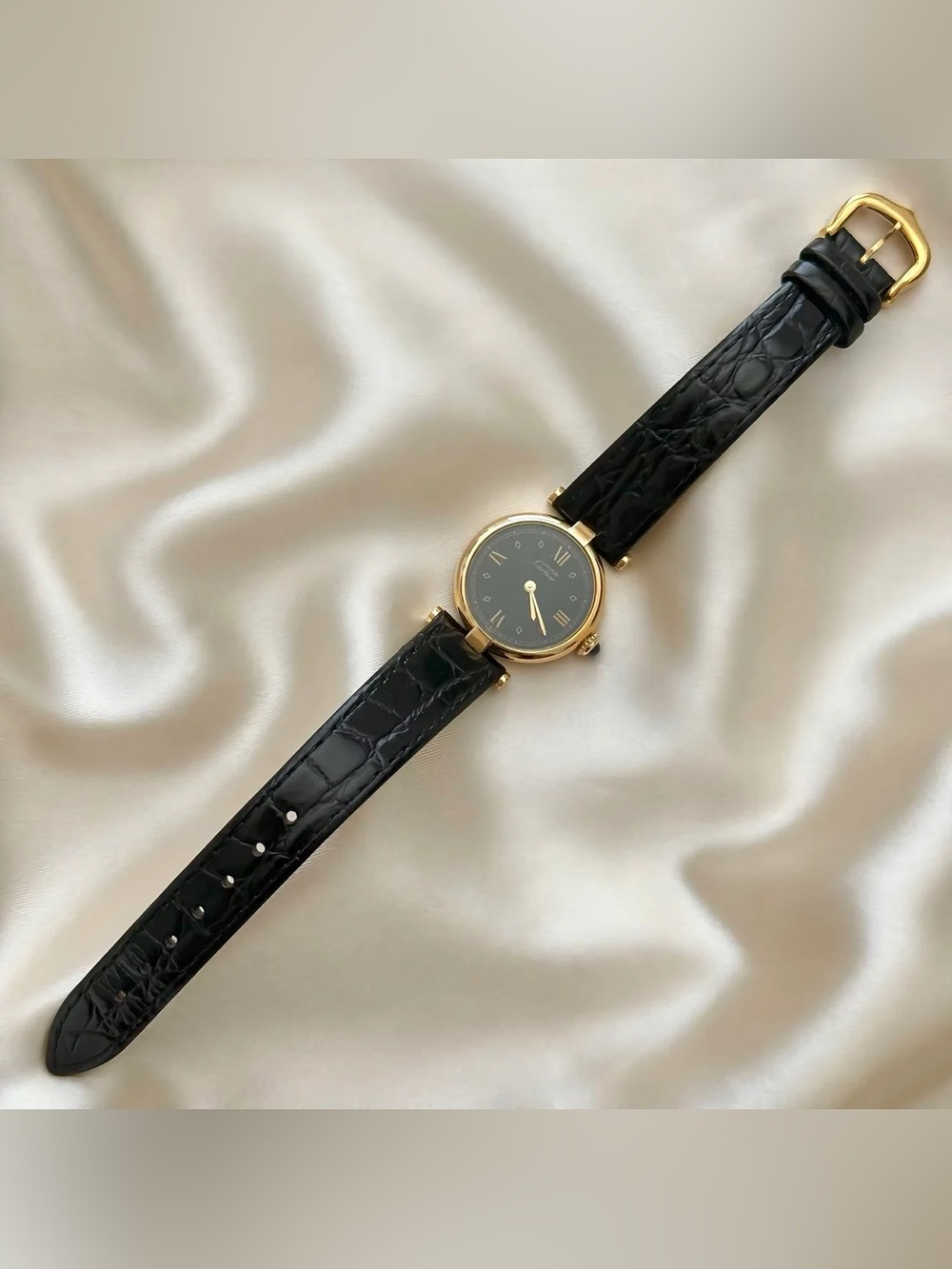 AUTHENTIC VINTAGE CARTIER BLACK LEATHER WATCH - WITH BOX - Picture 5 of 8